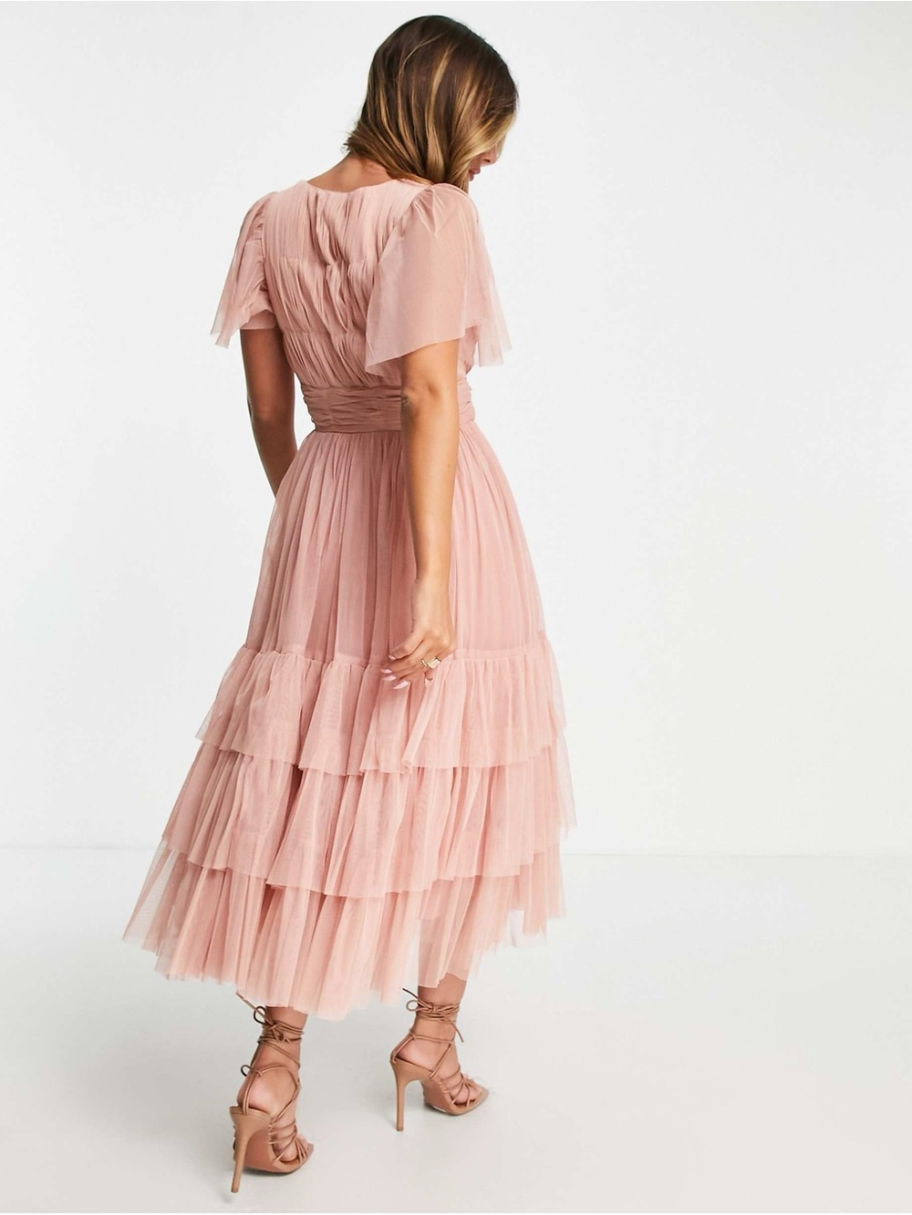 Lace & Beads Madison V Neck Tulle Flutter Sleeve Tiered Midi Dress | Blush | 16 - Picture 2 of 9